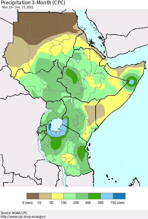 Eastern Africa Precipitation 3-Month (CPC) Thematic Map For 3/16/2021 - 6/15/2021