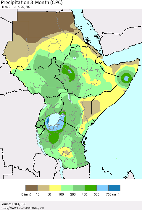 Eastern Africa Precipitation 3-Month (CPC) Thematic Map For 3/21/2021 - 6/20/2021