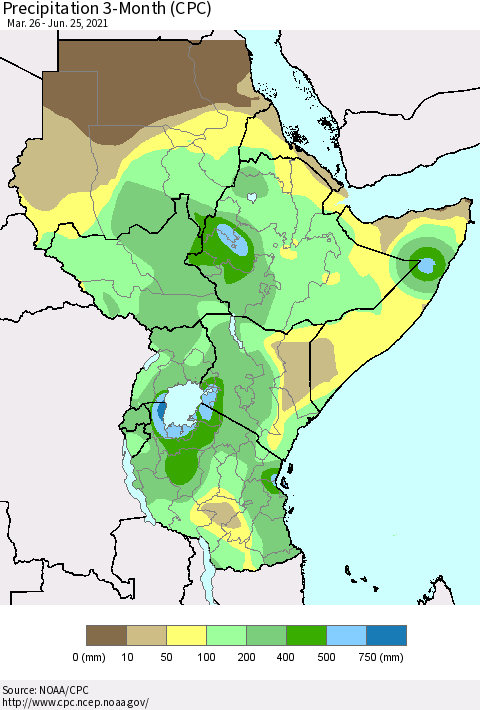 Eastern Africa Precipitation 3-Month (CPC) Thematic Map For 3/26/2021 - 6/25/2021