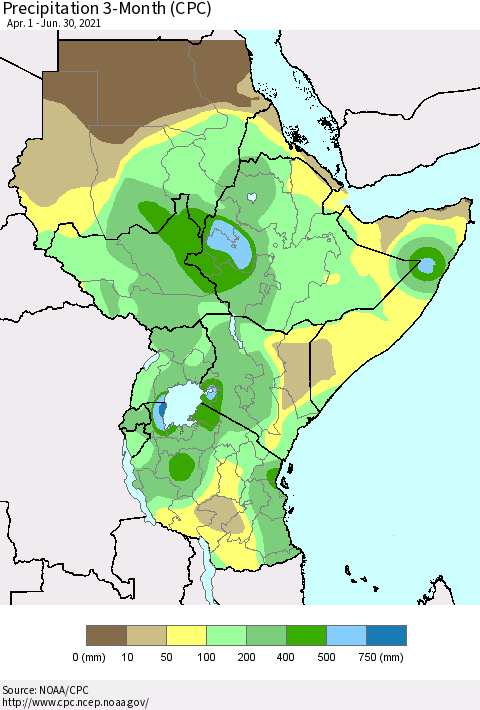 Eastern Africa Precipitation 3-Month (CPC) Thematic Map For 4/1/2021 - 6/30/2021