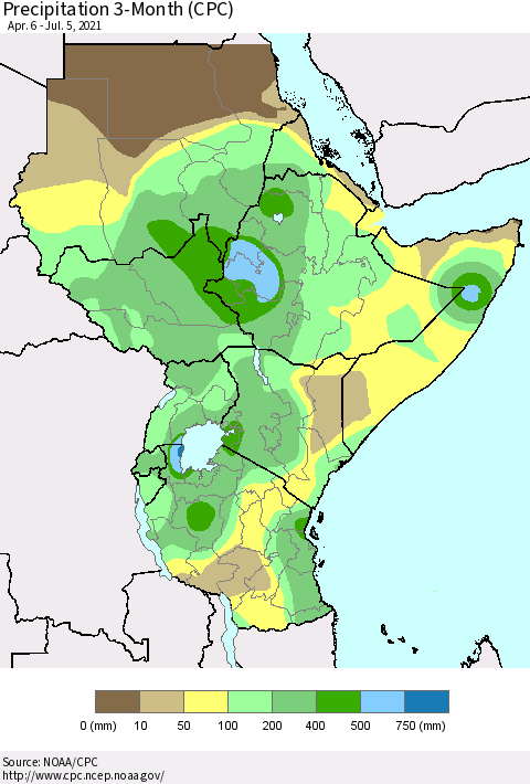 Eastern Africa Precipitation 3-Month (CPC) Thematic Map For 4/6/2021 - 7/5/2021
