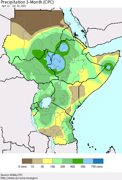 Eastern Africa Precipitation 3-Month (CPC) Thematic Map For 4/11/2021 - 7/10/2021