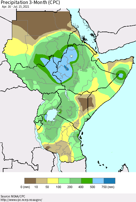 Eastern Africa Precipitation 3-Month (CPC) Thematic Map For 4/16/2021 - 7/15/2021