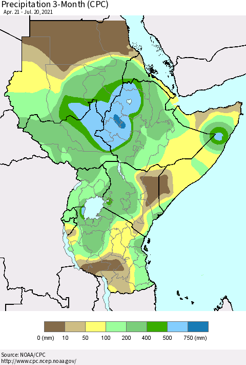 Eastern Africa Precipitation 3-Month (CPC) Thematic Map For 4/21/2021 - 7/20/2021