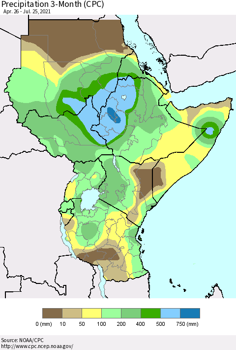 Eastern Africa Precipitation 3-Month (CPC) Thematic Map For 4/26/2021 - 7/25/2021