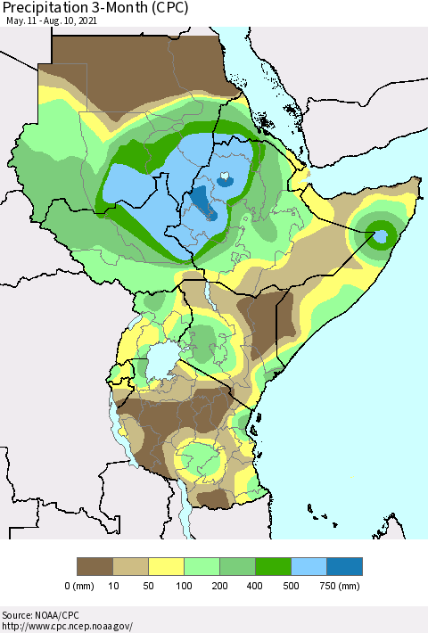 Eastern Africa Precipitation 3-Month (CPC) Thematic Map For 5/11/2021 - 8/10/2021