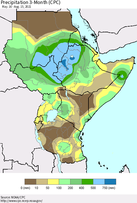 Eastern Africa Precipitation 3-Month (CPC) Thematic Map For 5/16/2021 - 8/15/2021