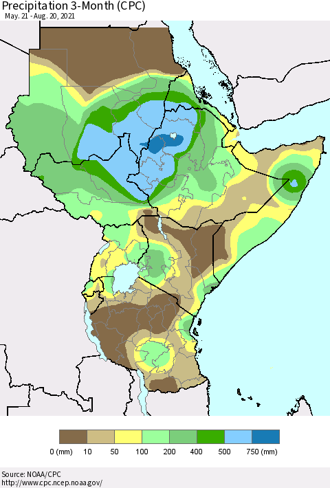 Eastern Africa Precipitation 3-Month (CPC) Thematic Map For 5/21/2021 - 8/20/2021