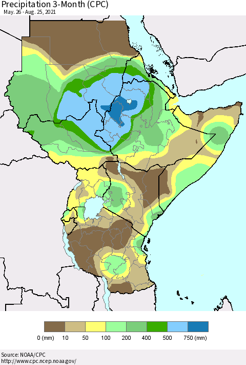 Eastern Africa Precipitation 3-Month (CPC) Thematic Map For 5/26/2021 - 8/25/2021