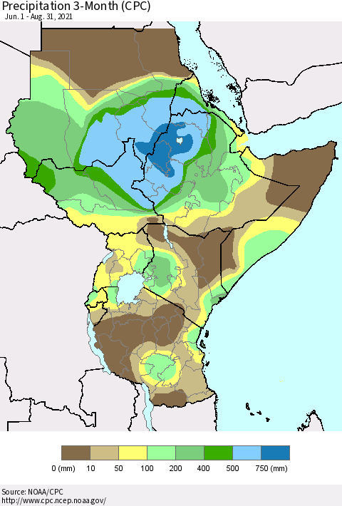 Eastern Africa Precipitation 3-Month (CPC) Thematic Map For 6/1/2021 - 8/31/2021