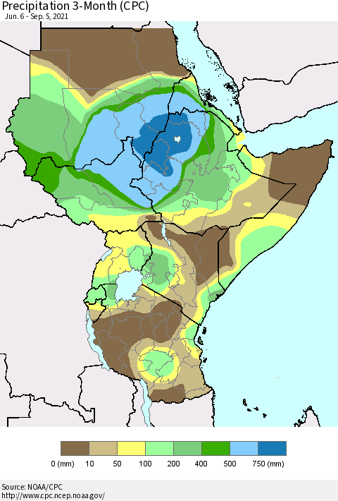 Eastern Africa Precipitation 3-Month (CPC) Thematic Map For 6/6/2021 - 9/5/2021