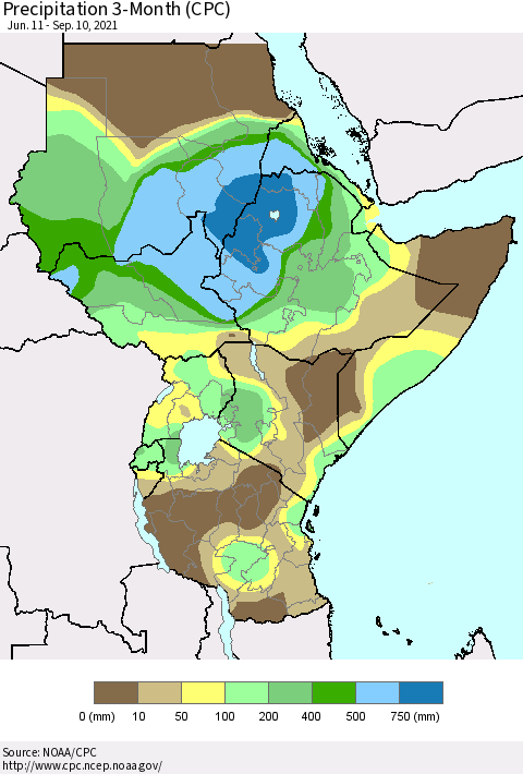 Eastern Africa Precipitation 3-Month (CPC) Thematic Map For 6/11/2021 - 9/10/2021