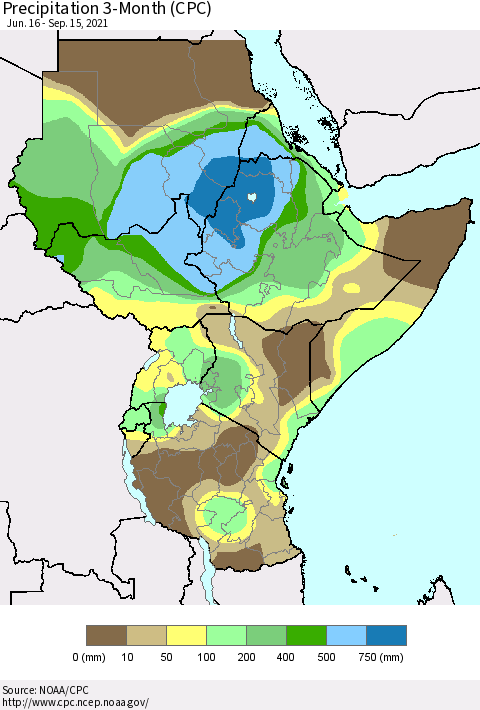 Eastern Africa Precipitation 3-Month (CPC) Thematic Map For 6/16/2021 - 9/15/2021