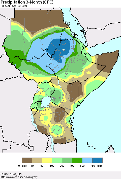 Eastern Africa Precipitation 3-Month (CPC) Thematic Map For 6/21/2021 - 9/20/2021
