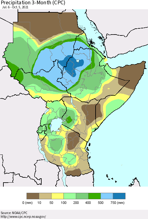 Eastern Africa Precipitation 3-Month (CPC) Thematic Map For 7/6/2021 - 10/5/2021