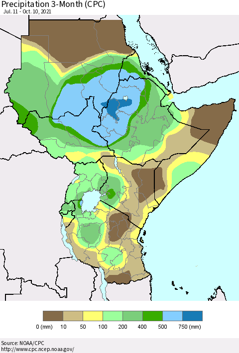 Eastern Africa Precipitation 3-Month (CPC) Thematic Map For 7/11/2021 - 10/10/2021