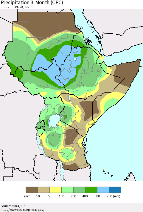 Eastern Africa Precipitation 3-Month (CPC) Thematic Map For 7/21/2021 - 10/20/2021