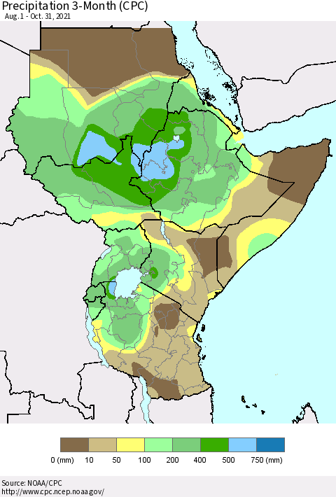 Eastern Africa Precipitation 3-Month (CPC) Thematic Map For 8/1/2021 - 10/31/2021