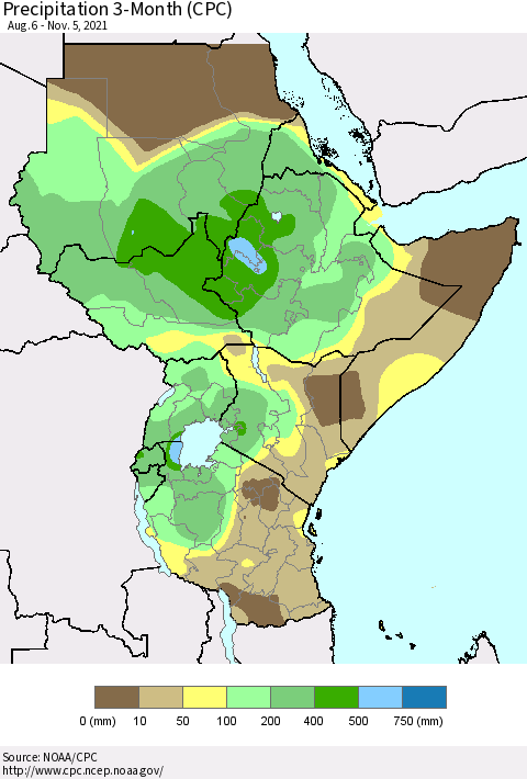 Eastern Africa Precipitation 3-Month (CPC) Thematic Map For 8/6/2021 - 11/5/2021