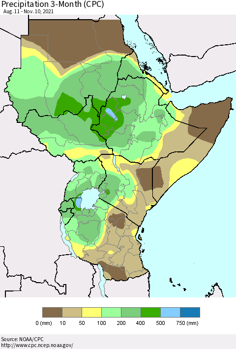 Eastern Africa Precipitation 3-Month (CPC) Thematic Map For 8/11/2021 - 11/10/2021