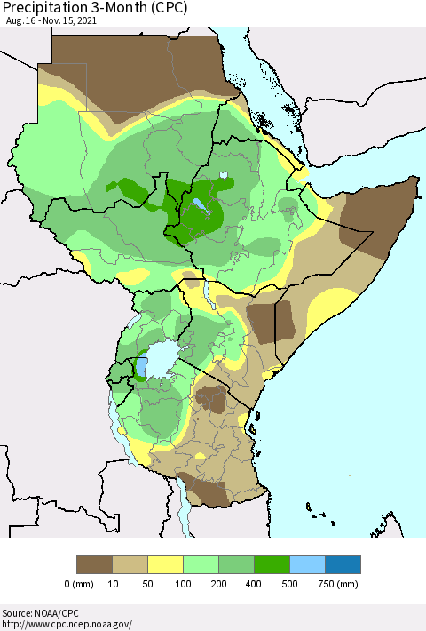 Eastern Africa Precipitation 3-Month (CPC) Thematic Map For 8/16/2021 - 11/15/2021