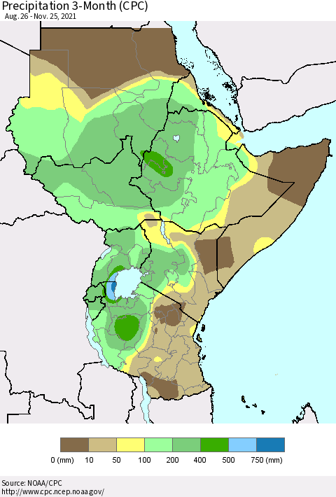 Eastern Africa Precipitation 3-Month (CPC) Thematic Map For 8/26/2021 - 11/25/2021