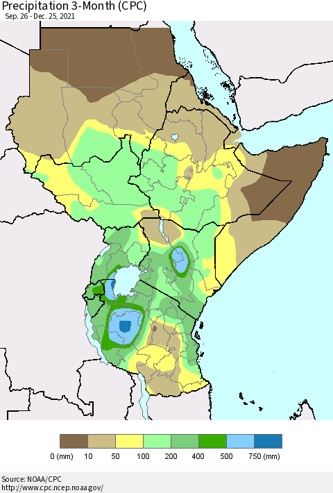 Eastern Africa Precipitation 3-Month (CPC) Thematic Map For 9/26/2021 - 12/25/2021