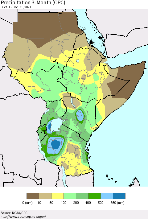Eastern Africa Precipitation 3-Month (CPC) Thematic Map For 10/1/2021 - 12/31/2021