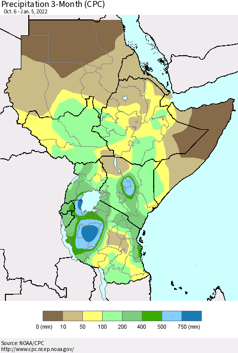 Eastern Africa Precipitation 3-Month (CPC) Thematic Map For 10/6/2021 - 1/5/2022