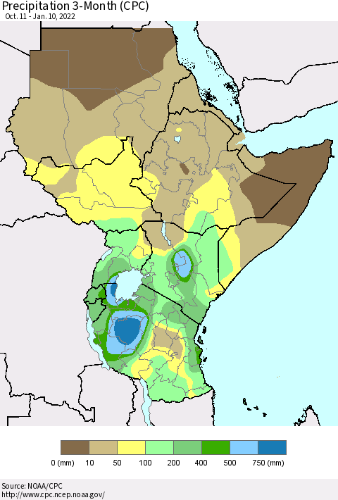 Eastern Africa Precipitation 3-Month (CPC) Thematic Map For 10/11/2021 - 1/10/2022