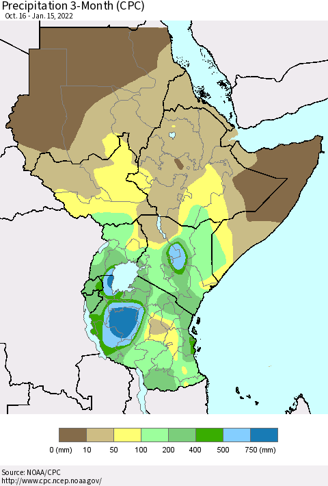 Eastern Africa Precipitation 3-Month (CPC) Thematic Map For 10/16/2021 - 1/15/2022