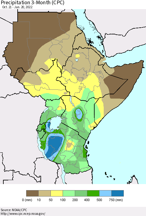 Eastern Africa Precipitation 3-Month (CPC) Thematic Map For 10/21/2021 - 1/20/2022
