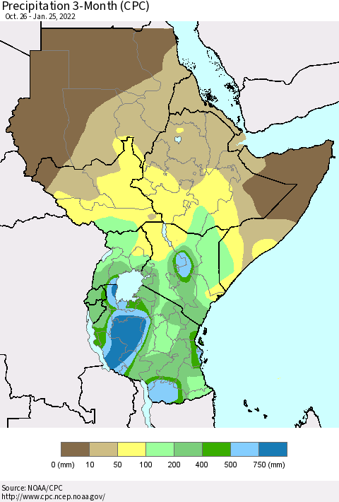 Eastern Africa Precipitation 3-Month (CPC) Thematic Map For 10/26/2021 - 1/25/2022