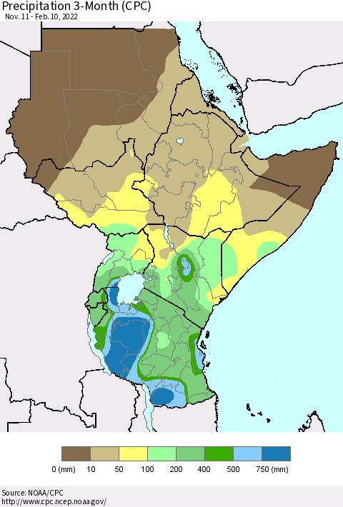 Eastern Africa Precipitation 3-Month (CPC) Thematic Map For 11/11/2021 - 2/10/2022