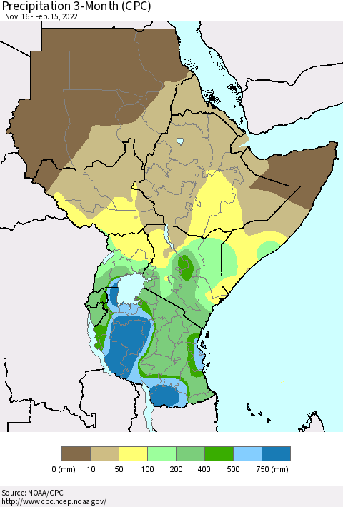 Eastern Africa Precipitation 3-Month (CPC) Thematic Map For 11/16/2021 - 2/15/2022