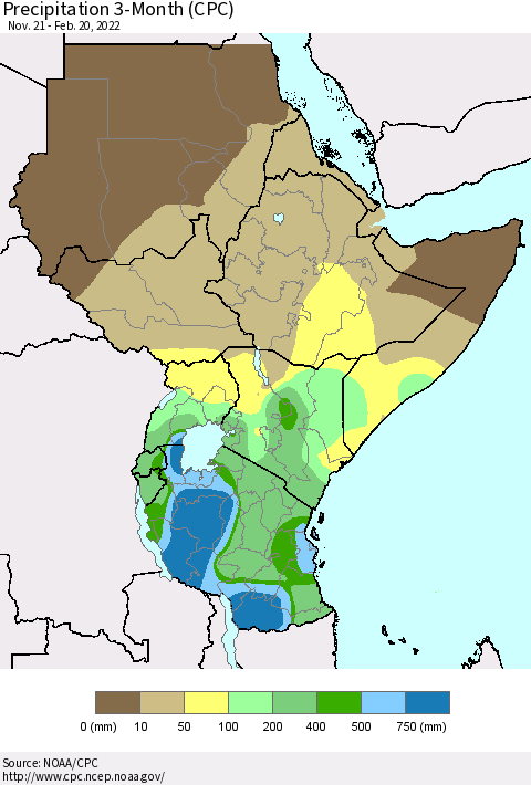 Eastern Africa Precipitation 3-Month (CPC) Thematic Map For 11/21/2021 - 2/20/2022