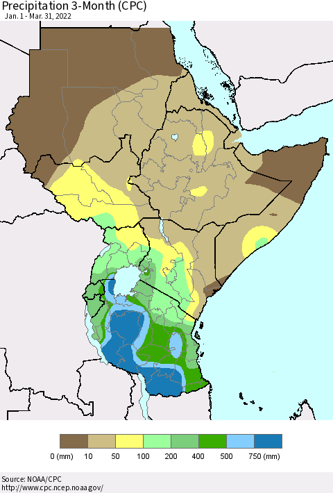 Eastern Africa Precipitation 3-Month (CPC) Thematic Map For 1/1/2022 - 3/31/2022