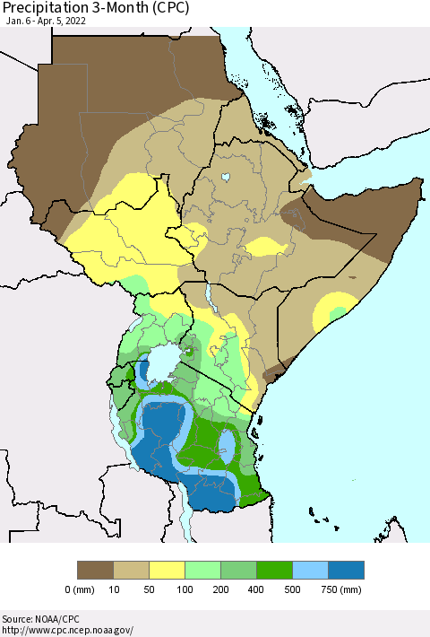 Eastern Africa Precipitation 3-Month (CPC) Thematic Map For 1/6/2022 - 4/5/2022