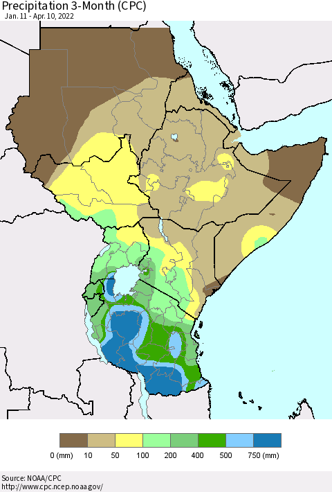 Eastern Africa Precipitation 3-Month (CPC) Thematic Map For 1/11/2022 - 4/10/2022