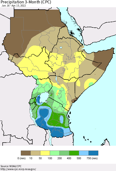 Eastern Africa Precipitation 3-Month (CPC) Thematic Map For 1/16/2022 - 4/15/2022