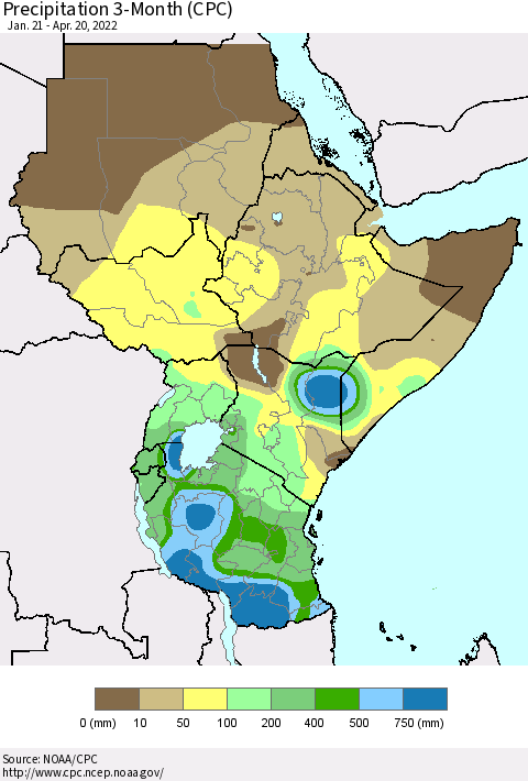 Eastern Africa Precipitation 3-Month (CPC) Thematic Map For 1/21/2022 - 4/20/2022