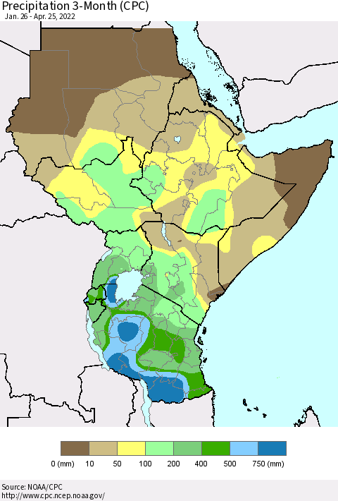 Eastern Africa Precipitation 3-Month (CPC) Thematic Map For 1/26/2022 - 4/25/2022