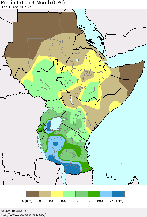 Eastern Africa Precipitation 3-Month (CPC) Thematic Map For 2/1/2022 - 4/30/2022