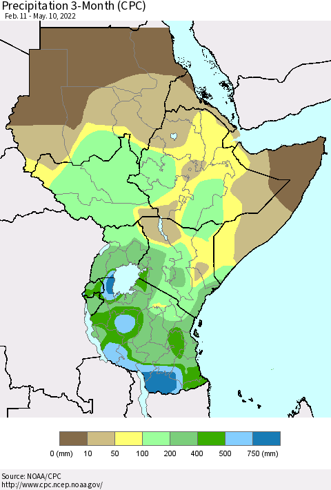 Eastern Africa Precipitation 3-Month (CPC) Thematic Map For 2/11/2022 - 5/10/2022