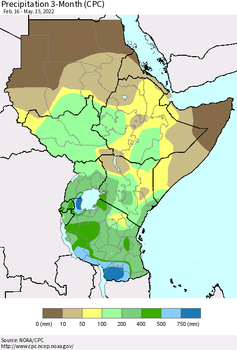 Eastern Africa Precipitation 3-Month (CPC) Thematic Map For 2/16/2022 - 5/15/2022
