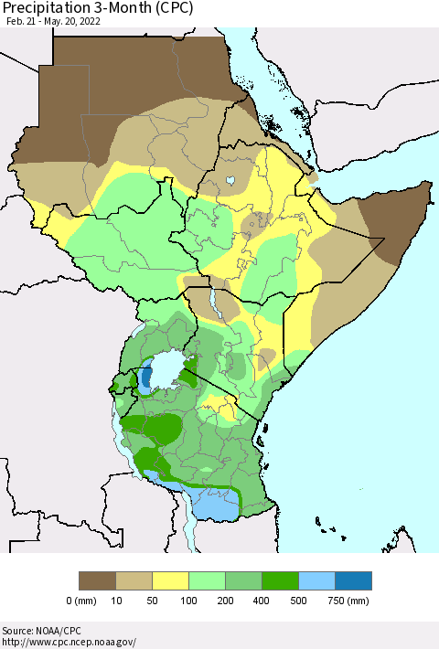 Eastern Africa Precipitation 3-Month (CPC) Thematic Map For 2/21/2022 - 5/20/2022