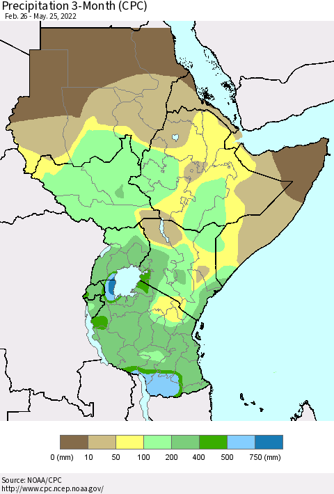 Eastern Africa Precipitation 3-Month (CPC) Thematic Map For 2/26/2022 - 5/25/2022