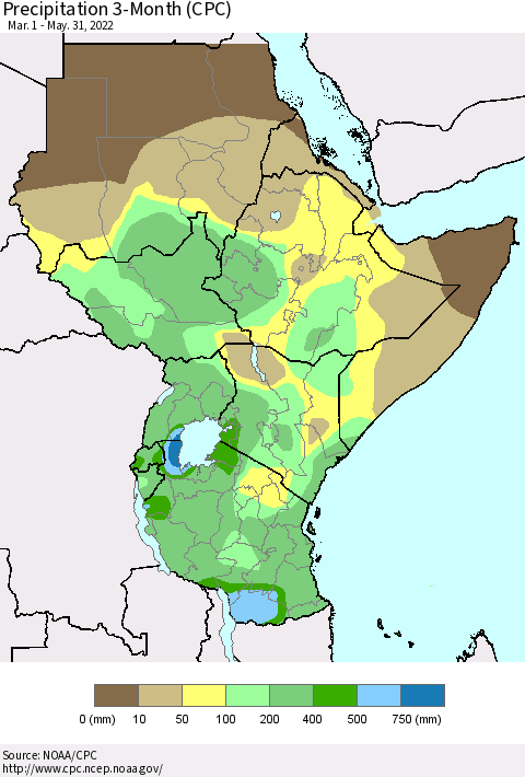 Eastern Africa Precipitation 3-Month (CPC) Thematic Map For 3/1/2022 - 5/31/2022