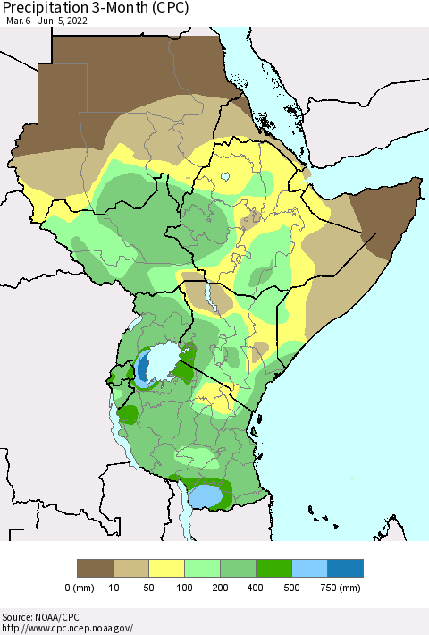Eastern Africa Precipitation 3-Month (CPC) Thematic Map For 3/6/2022 - 6/5/2022