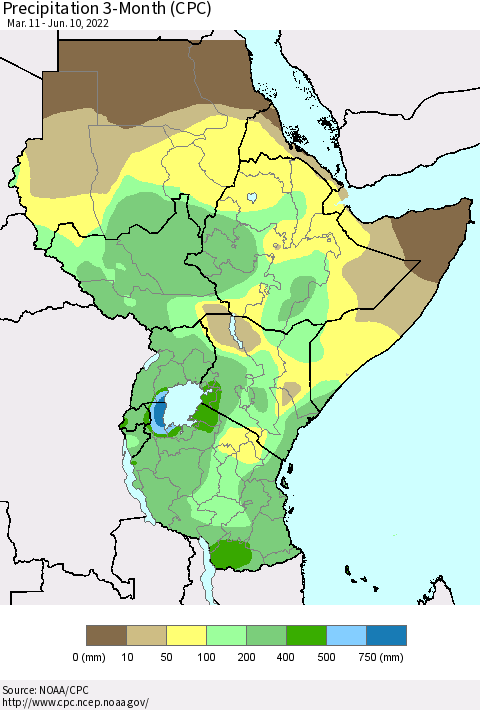 Eastern Africa Precipitation 3-Month (CPC) Thematic Map For 3/11/2022 - 6/10/2022